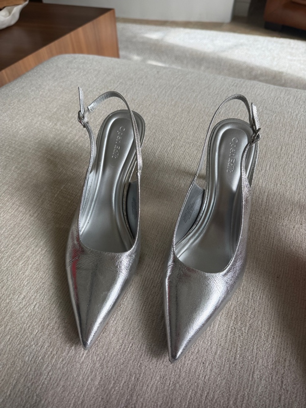 Open Edit Silver Pointed-Toe Slingback Heels